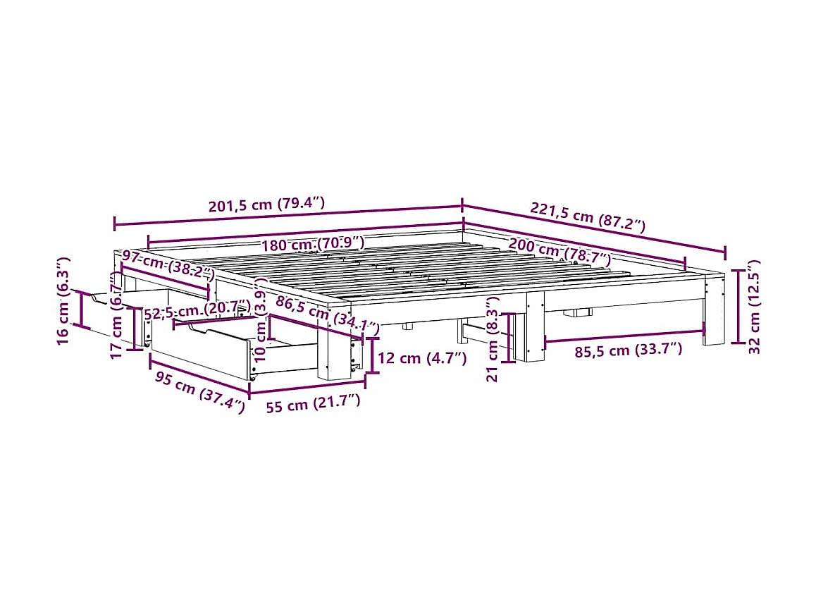 Cadre de lit sans matelas blanc 180x200 cm bois massif de pin