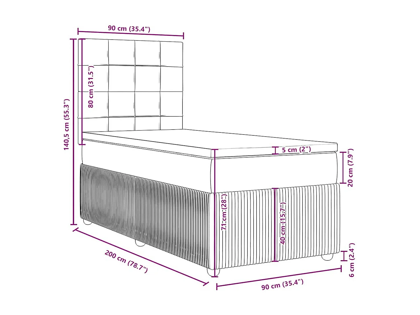 Cama box spring con colchón terciopelo verde oscuro 90x200 cm