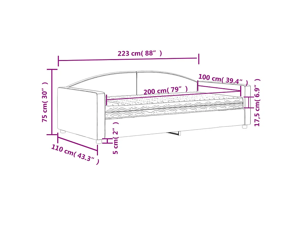 Lit de jour avec matelas noir 100x200 cm tissu