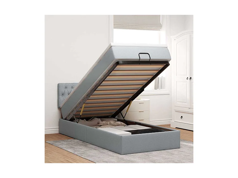 Ottomane Bett mit Matratze & LEDs Hellgrau 90x200 cm Stoff