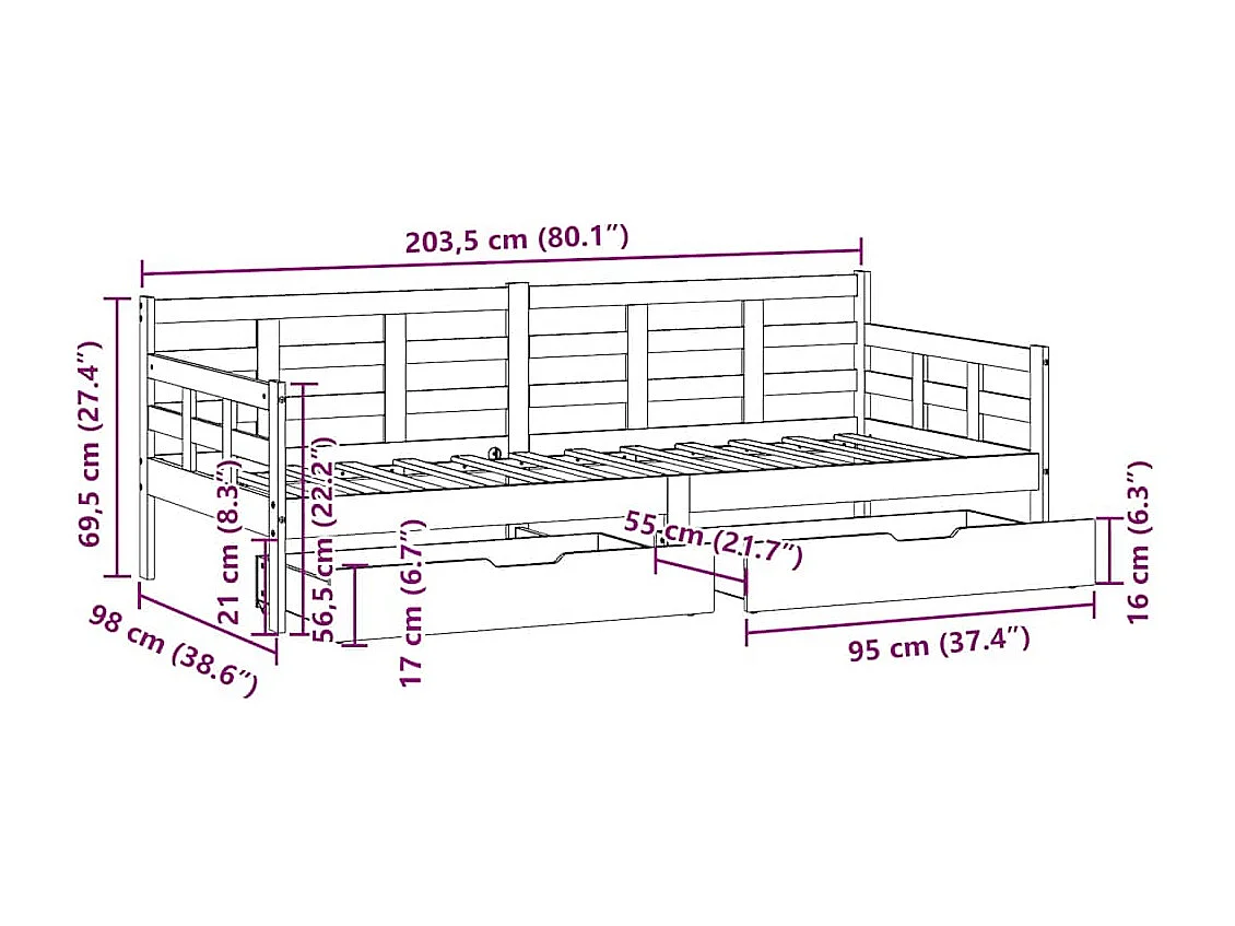 Tagesbett mit Schubladen 90x200 cm Massivholz Kiefer