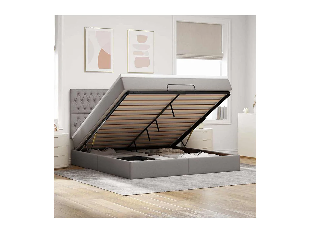 Cadre de lit ottoman avec matelas taupe 160x200 cm tissu