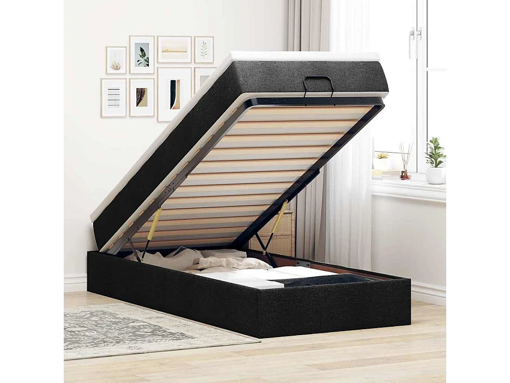 Cadre de lit ottoman avec matelas noir 90x200 cm tissu