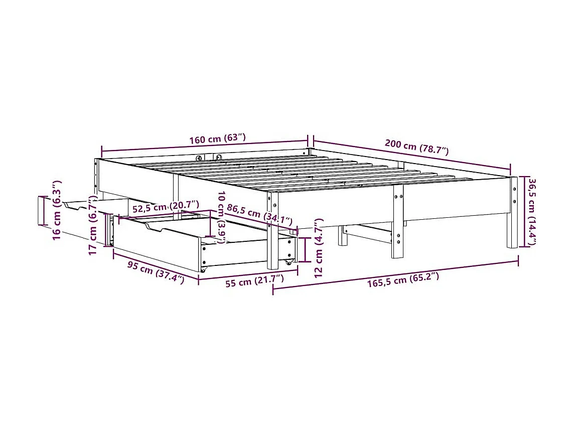 Bedframe zonder matras massief grenenhout wit 160x200 cm