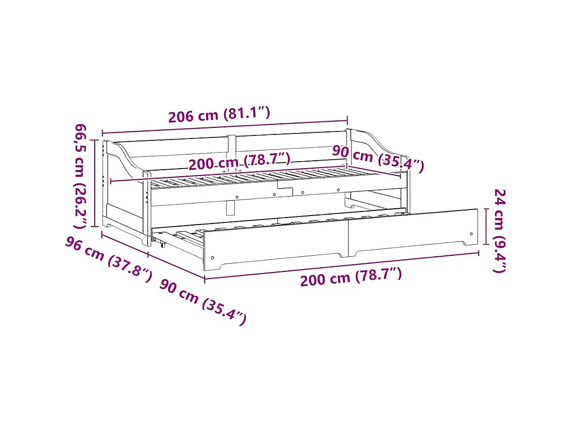 Lit de jour avec gigogne sans matelas IRUN 90x200 cm