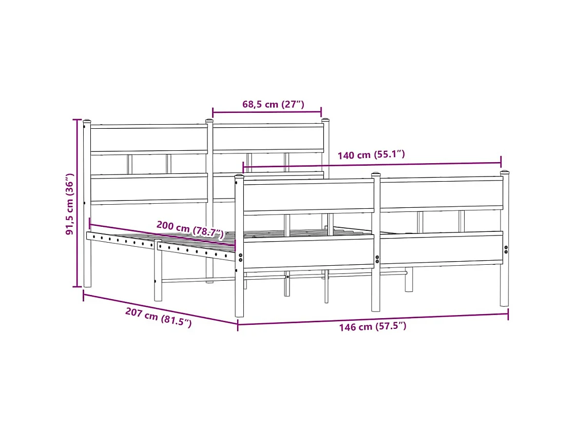 Cadre de lit en métal sans matelas chêne sonoma 140x200 cm