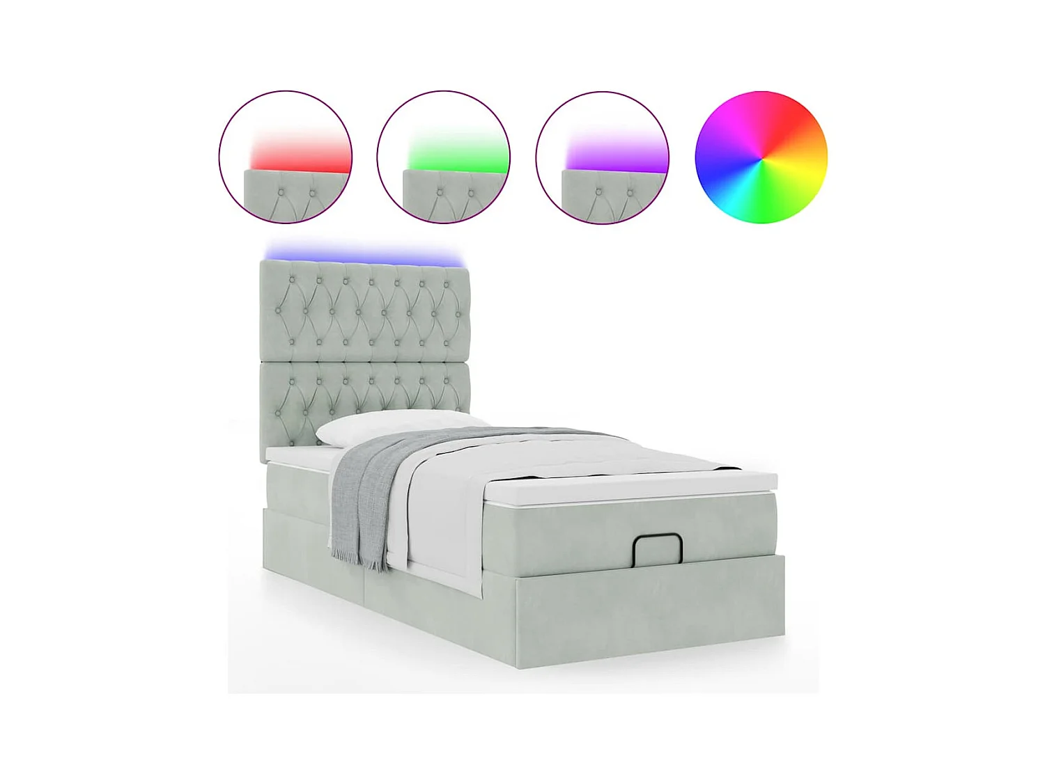 Cadre de lit ottoman et matelas gris clair 90x200 cm velours