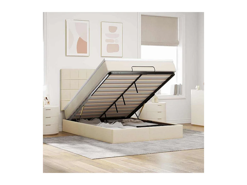 Cadre de lit ottoman avec matelas crème 140x200 cm tissu