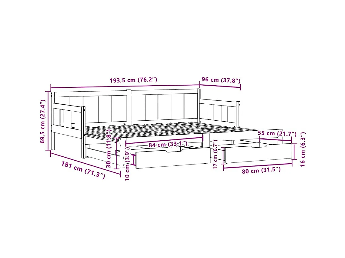 Slaapbank met onderschuifbed en lades zonder matras 90x190 cm
