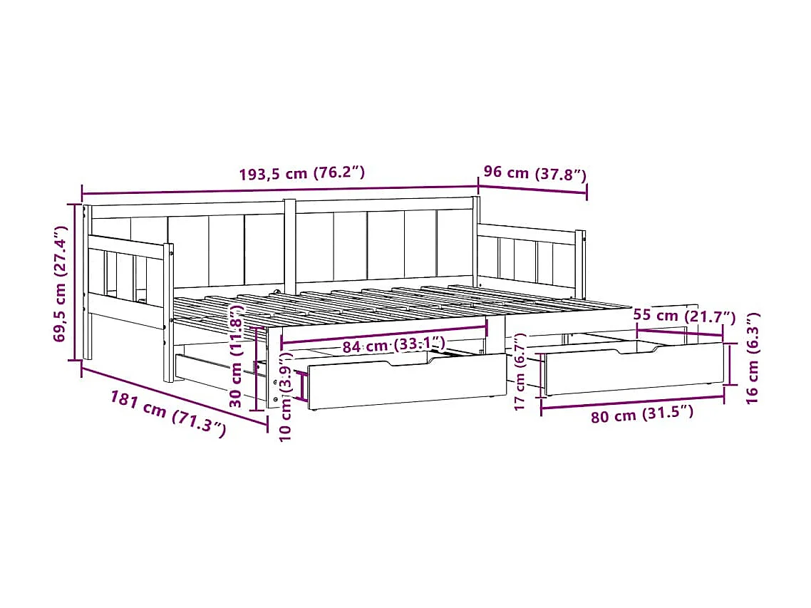 Tagesbett Ausziehbar mit Schubladen ohne Matratze 90x190 cm