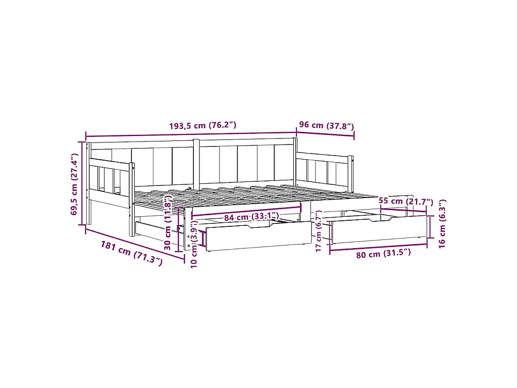Slaapbank met onderschuifbed en lades zonder matras 90x190 cm