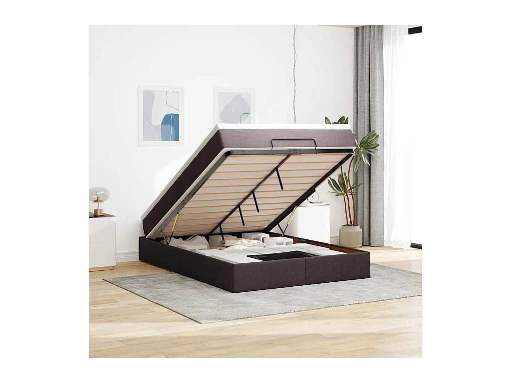 Cadre de lit ottoman avec matelas marron foncé 140x200 cm tissu