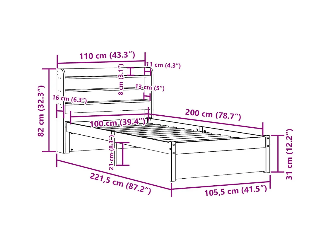 Cadre de lit avec tête de lit sans matelas blanc 100x200 cm