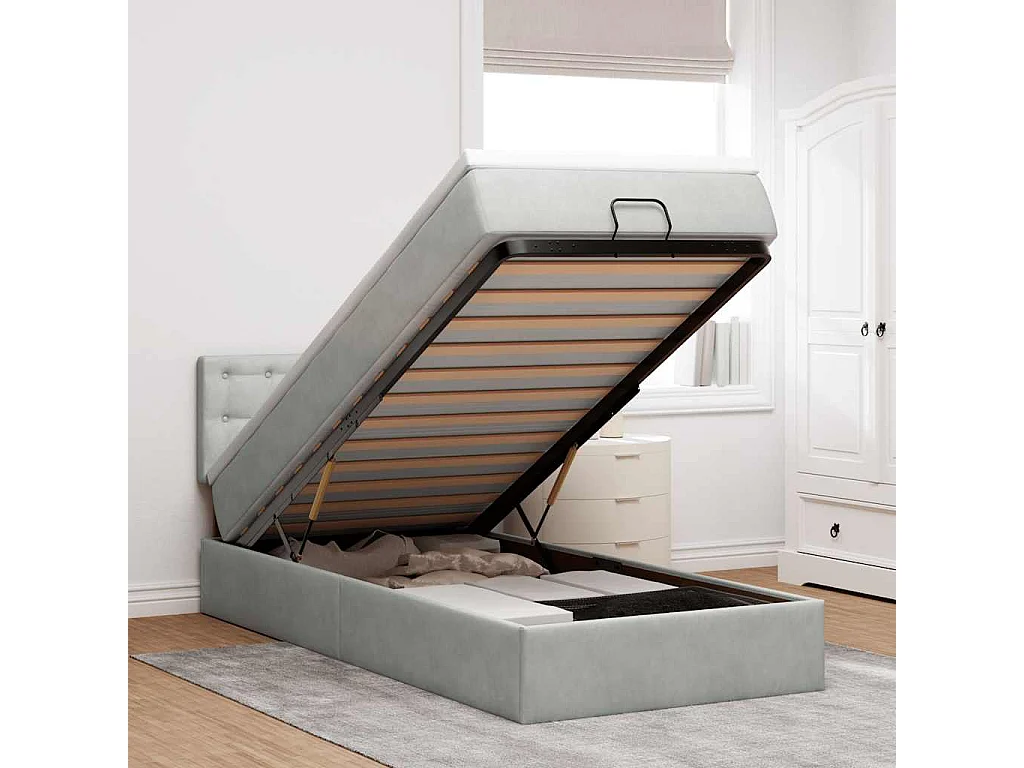 Estrutura cama otomana colchão 90x190 cm veludo cinzento claro