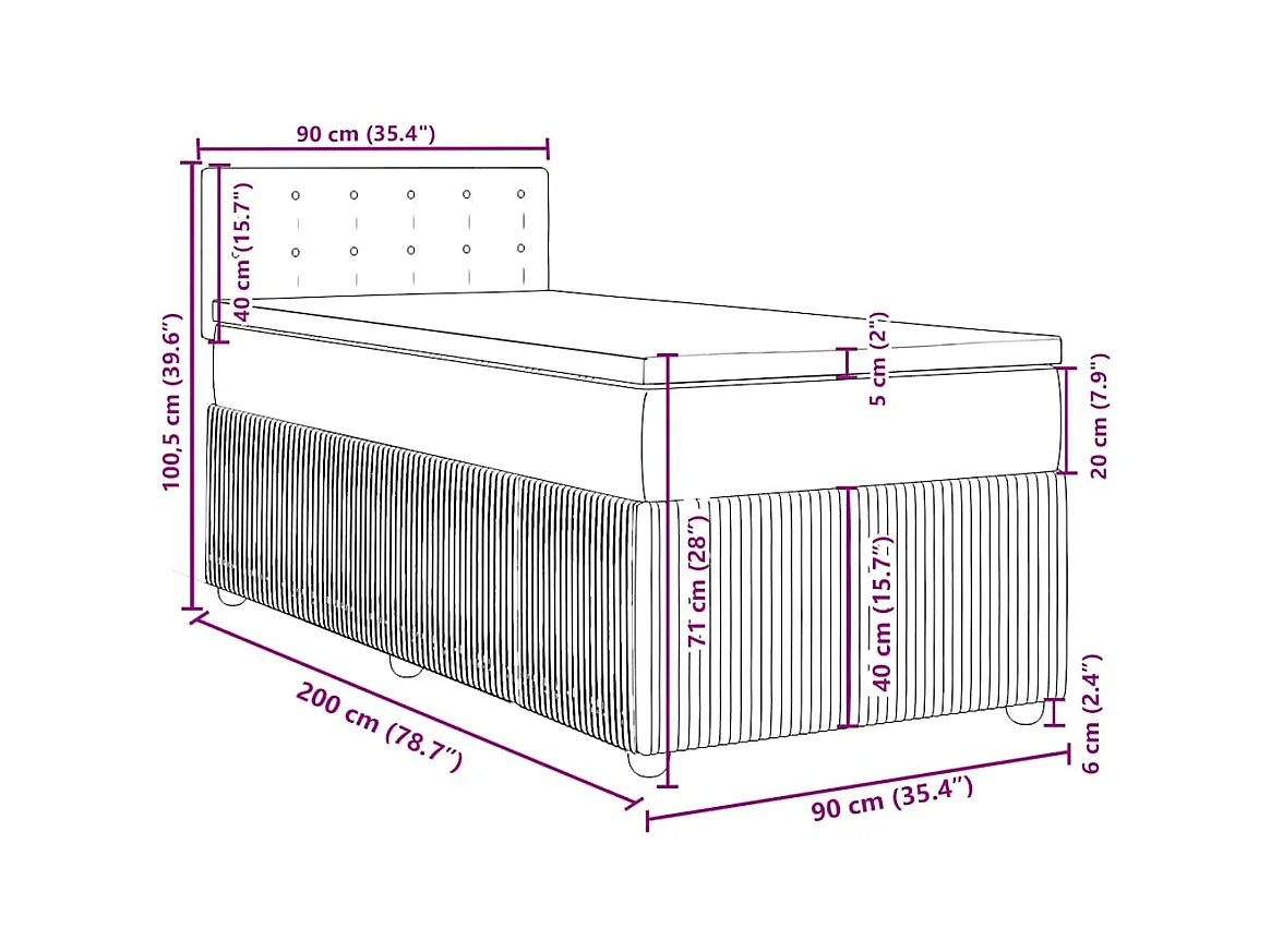 Cama box spring con colchón terciopelo negro 90x200 cm