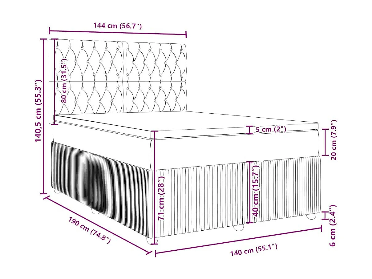 Cama box spring con colchón terciopelo azul 140x190 cm