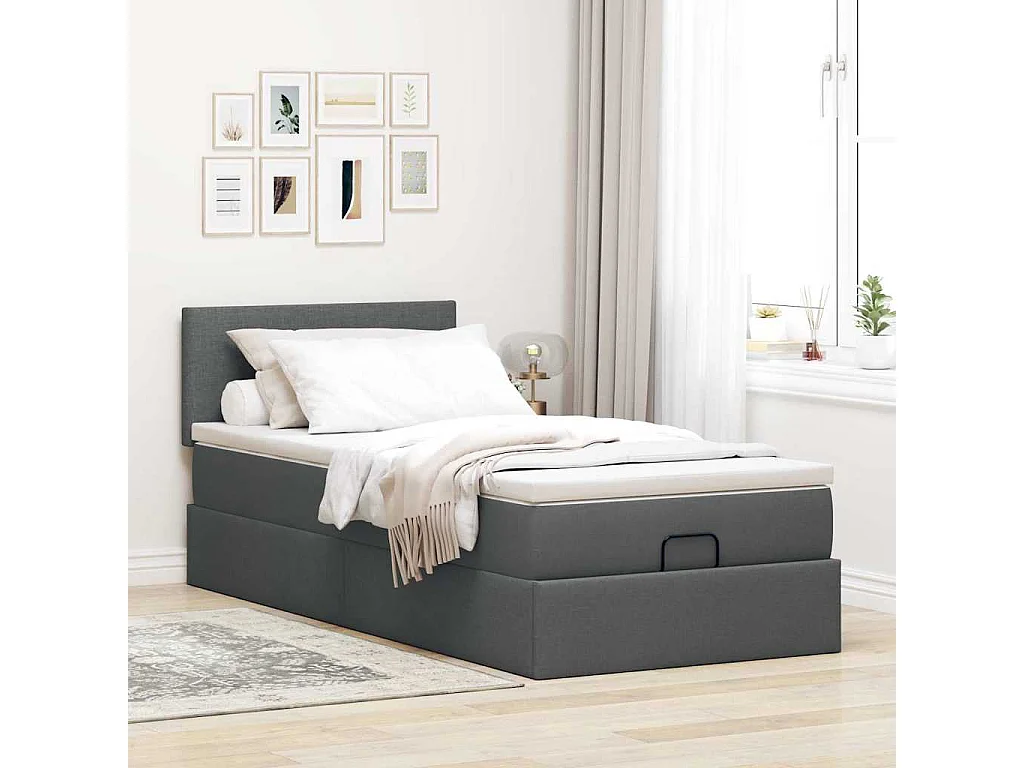 Cadre de lit ottoman avec matelas gris foncé 100x200 cm tissu