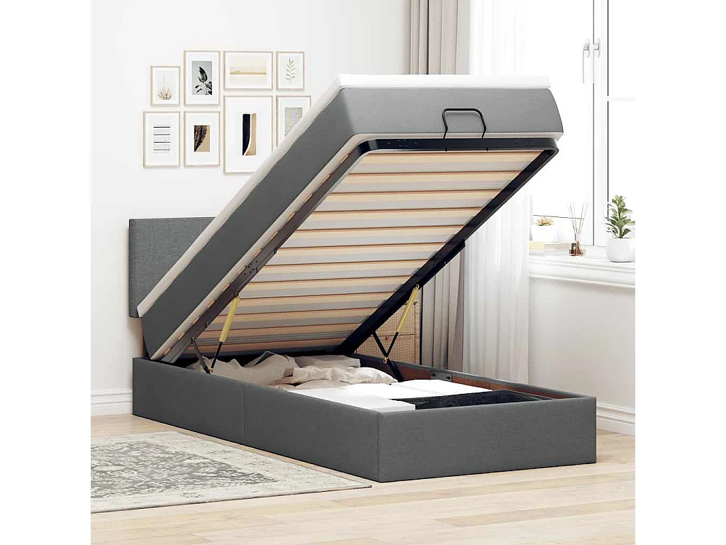 Estrutura cama otomana colchão 100x200cm tecido cinzento escuro