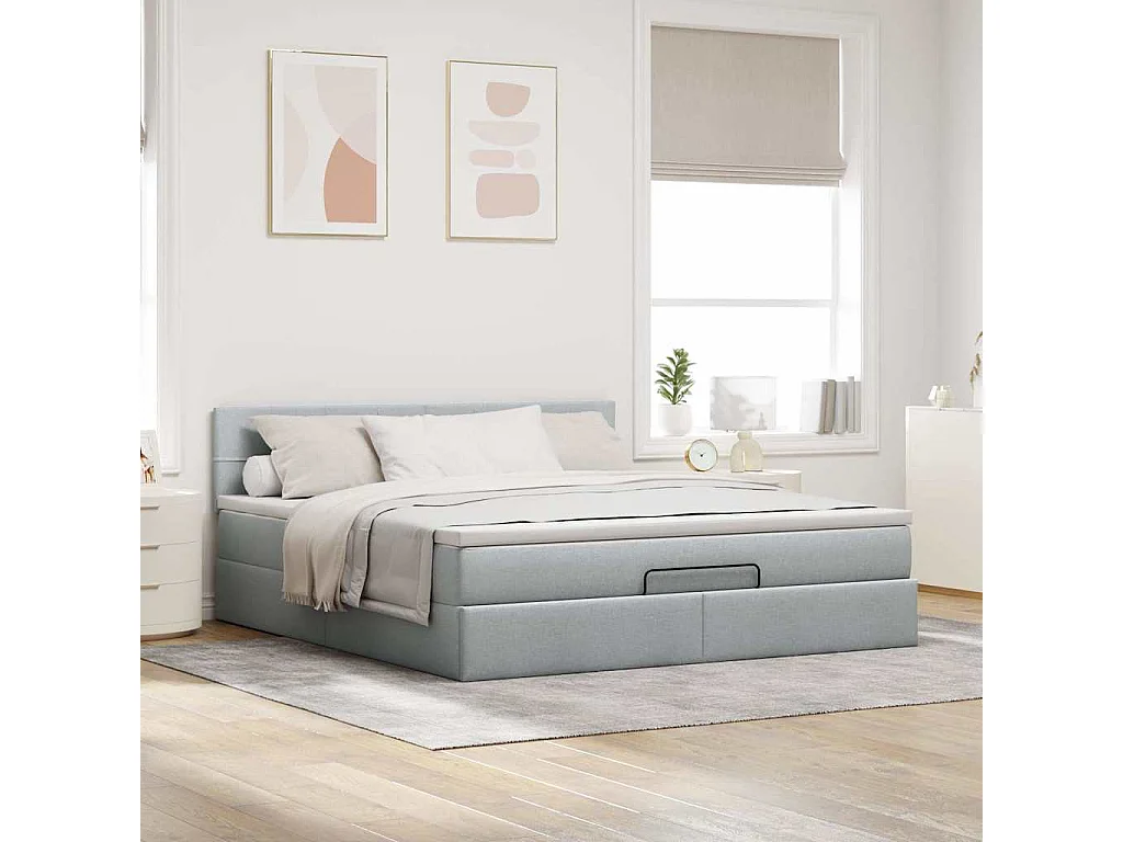 Ottomane Bett mit Matratze & LEDs Hellgrau 180x200 cm Stoff