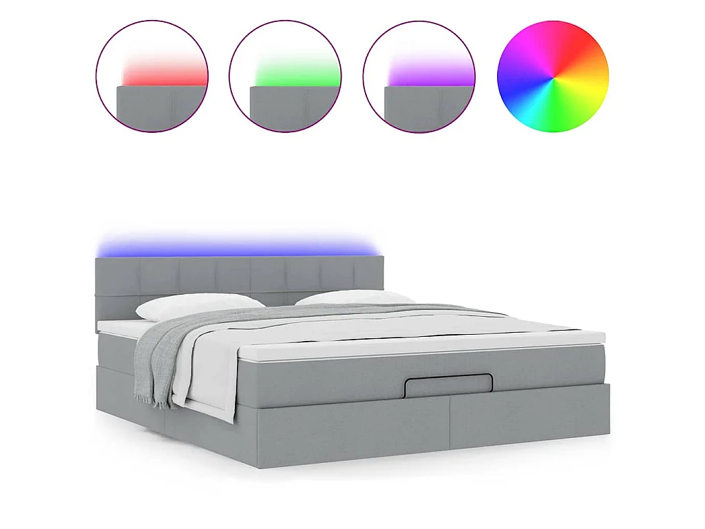 Ottomane Bett mit Matratze & LEDs Hellgrau 180x200 cm Stoff