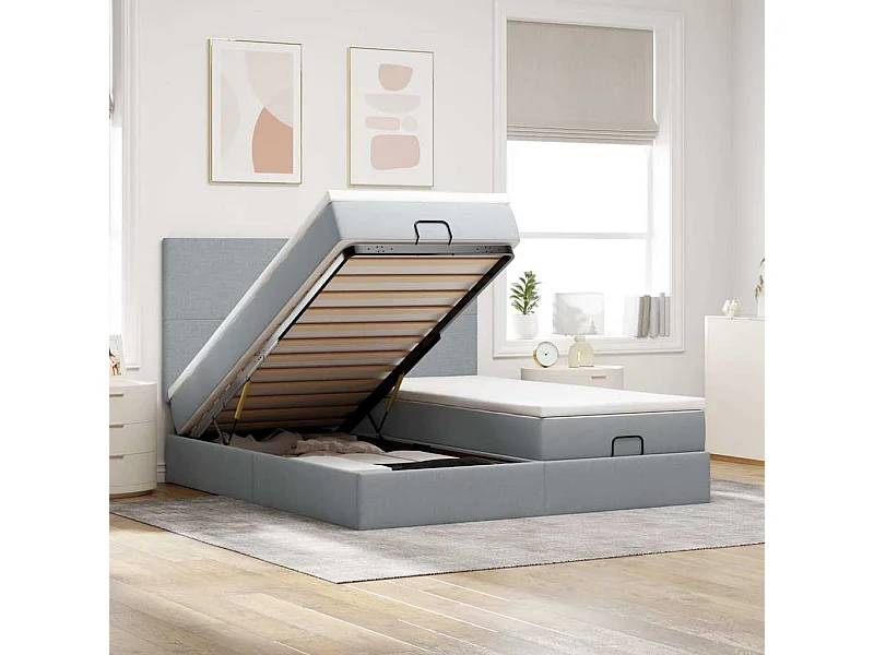 Cadre de lit ottoman et matelas gris clair 180x200cm tissu
