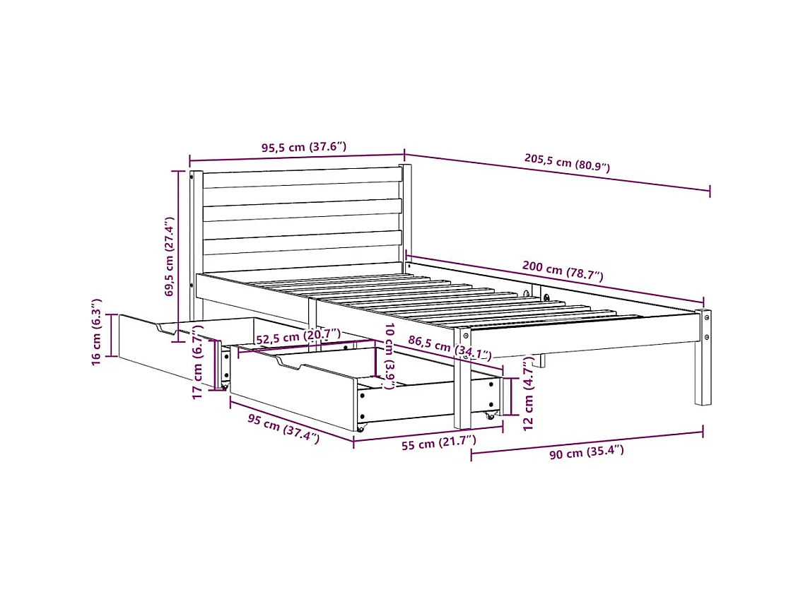 Letto senza Materasso Bianco 90x200 cm Legno Massello di Pino