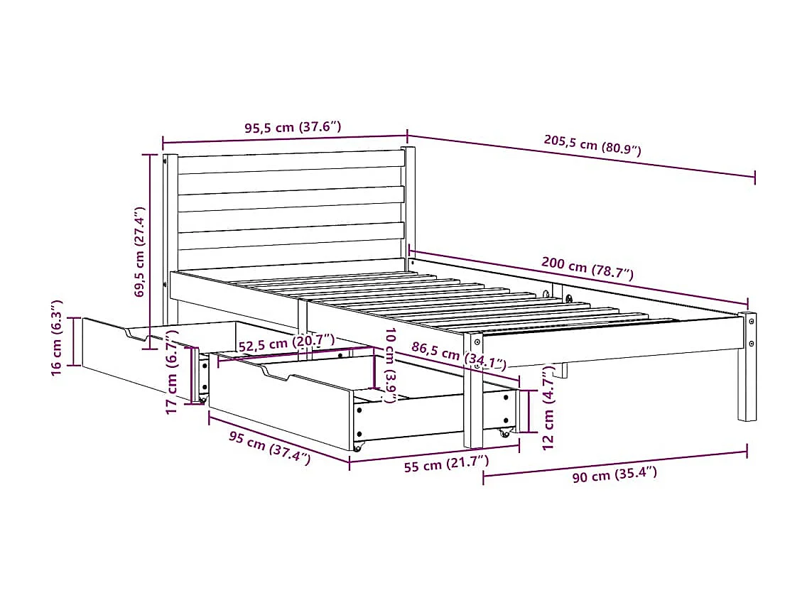 Bedframe zonder matras massief grenenhout wit 90x200 cm