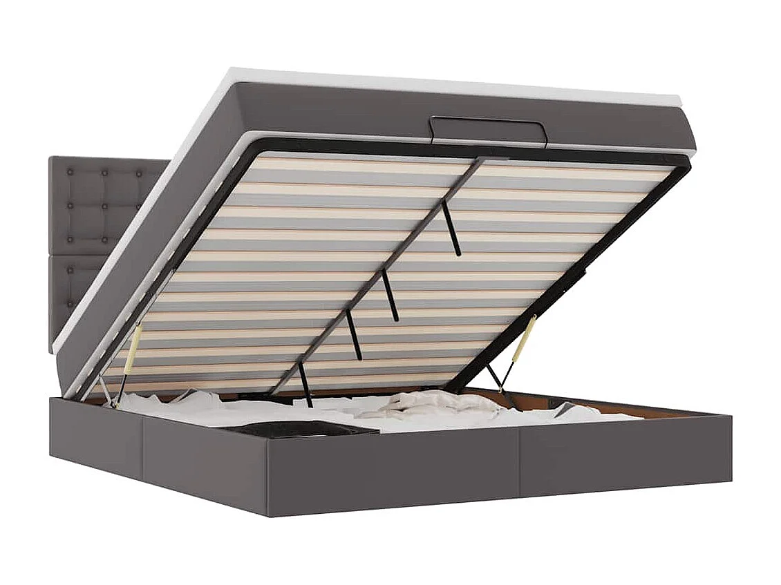 Estrutura de cama otomana com colchão cinza couro falso