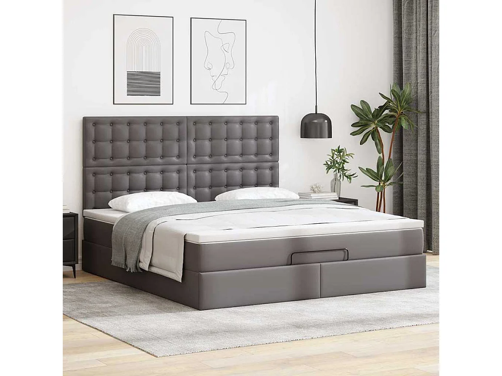 Estrutura de cama otomana com colchão cinza couro falso
