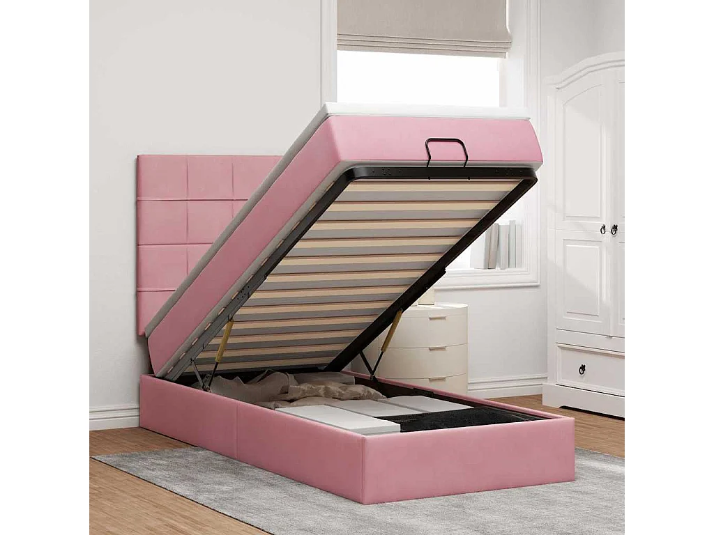 Cadre de lit ottoman avec matelas rose 90x190 cm velours