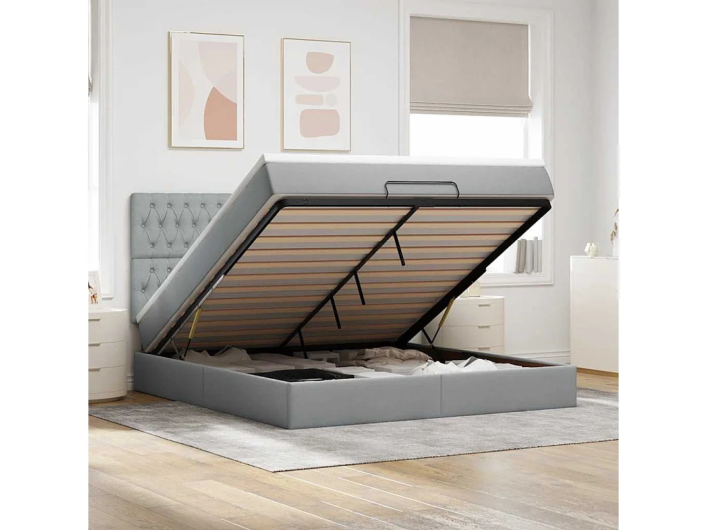 Ottoman-Bett mit Matratze & LEDs Hellgrau 180x200 cm Stoff