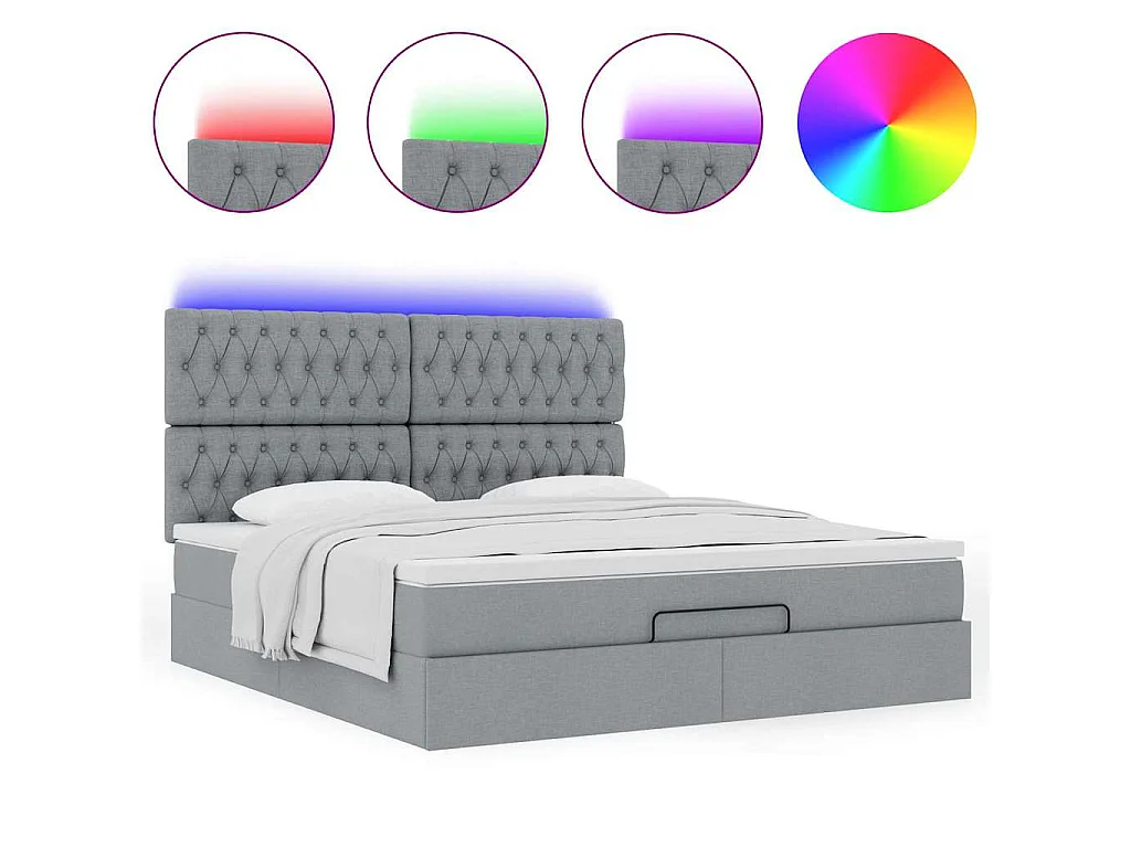 Ottoman-Bett mit Matratze & LEDs Hellgrau 180x200 cm Stoff