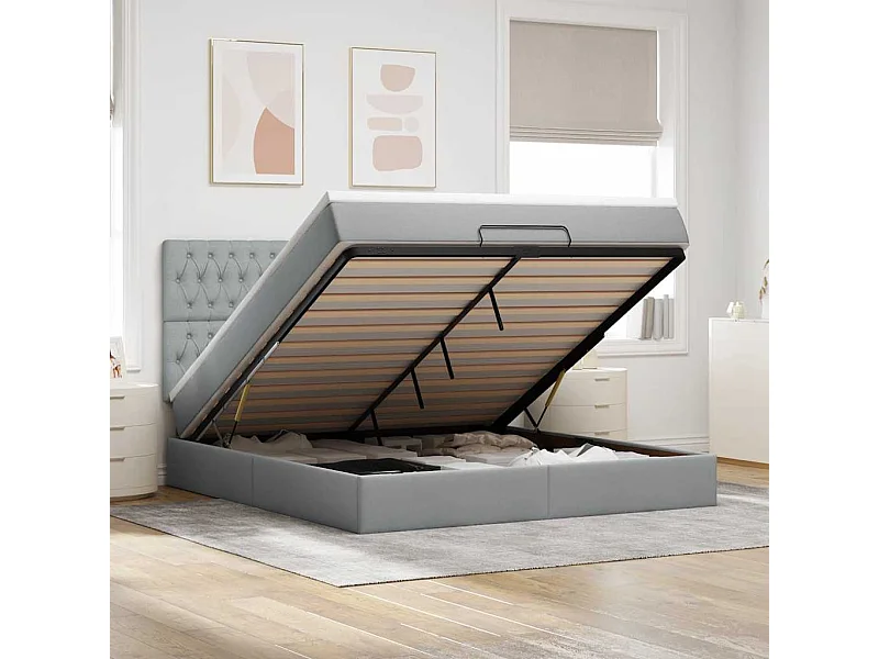Ottoman-Bett mit Matratze & LEDs Hellgrau 180x200 cm Stoff