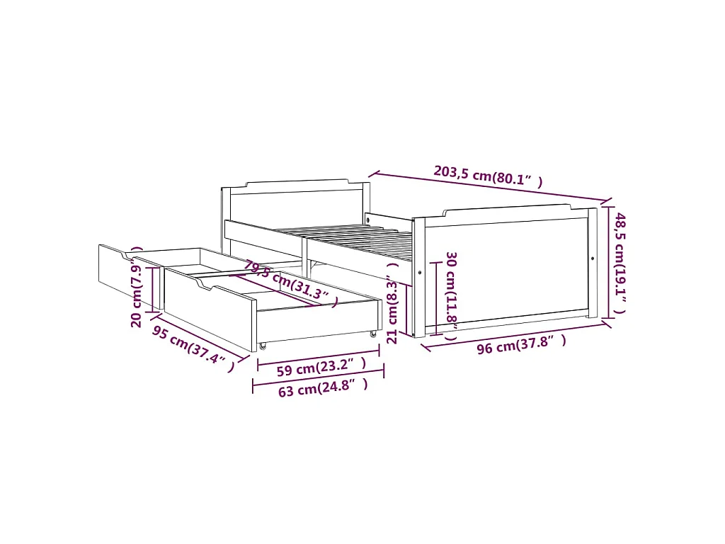 Estrutura de cama com gavetas 90x200 cm pinho maciço branco