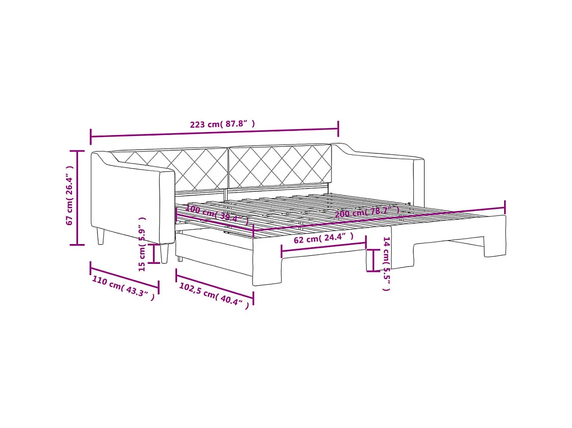 Lit de jour avec lit gigogne taupe 100x200 cm tissu