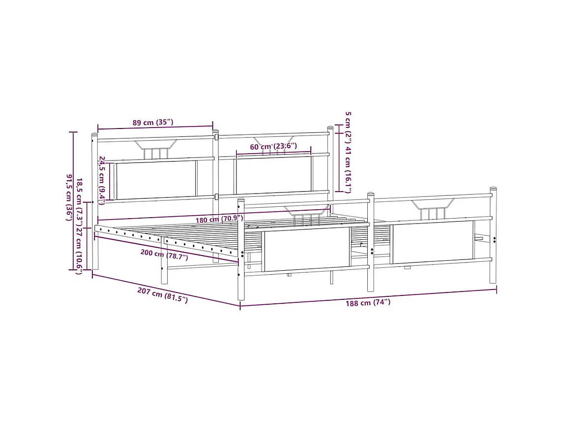 Cadre de lit en métal sans matelas chêne marron 180x200 cm