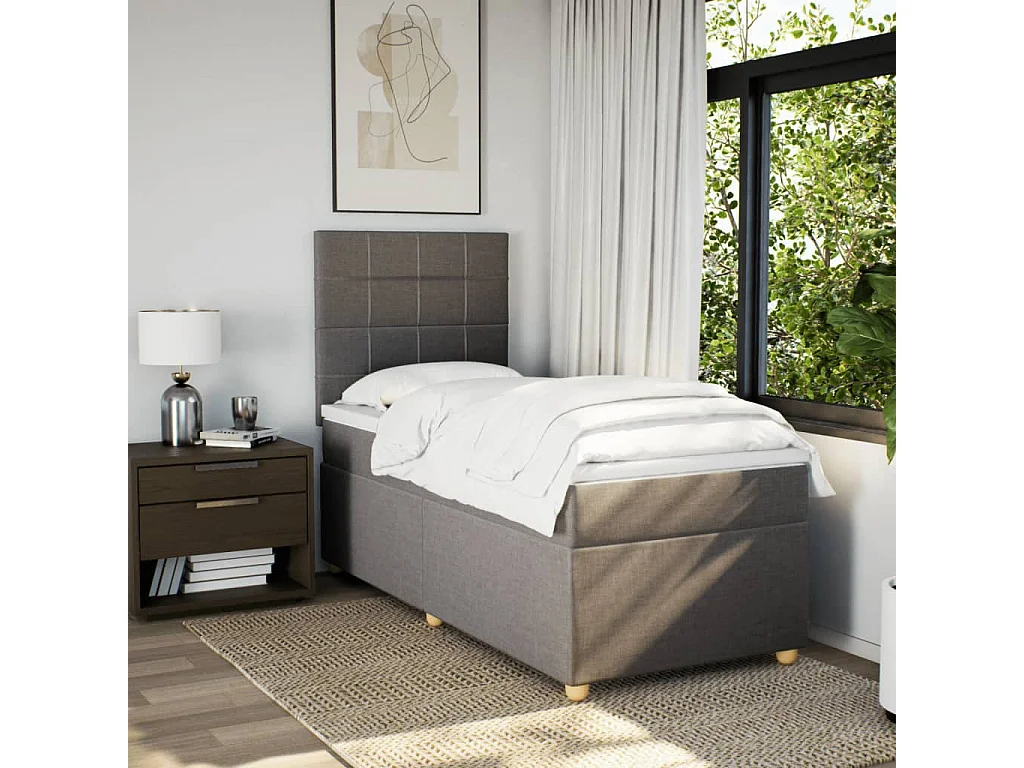 Cama box spring con colchón tela gris taupe 90x200 cm