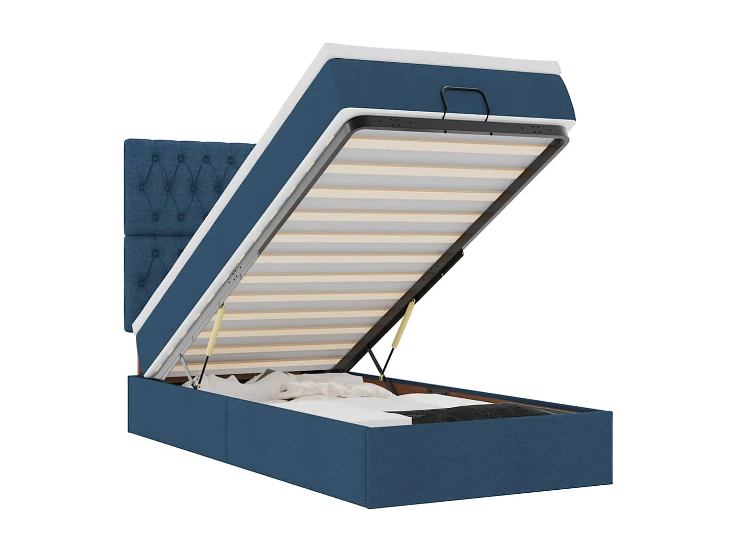 Estructura de cama otomana con colchón tela azul 90x190 cm