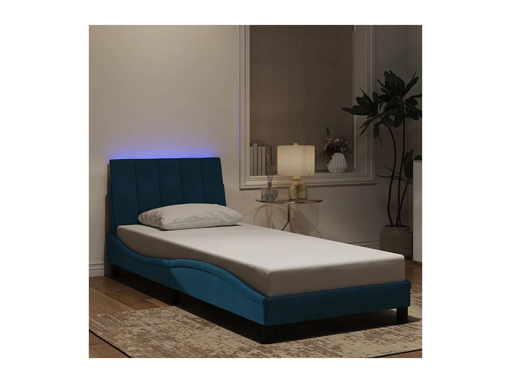 Cadre de lit avec LED sans matelas Hanko bleu 90x190 cm velours
