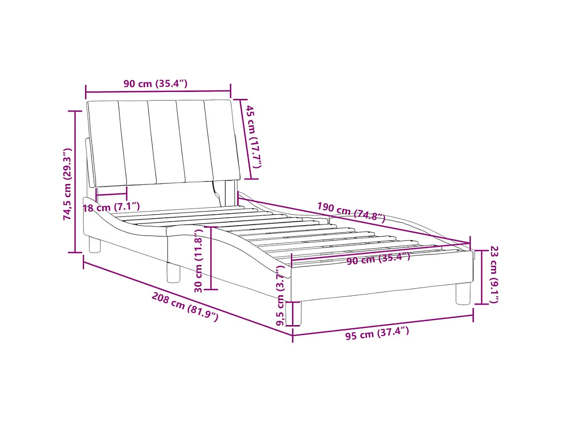 Cadre de lit avec LED sans matelas Hanko bleu 90x190 cm velours