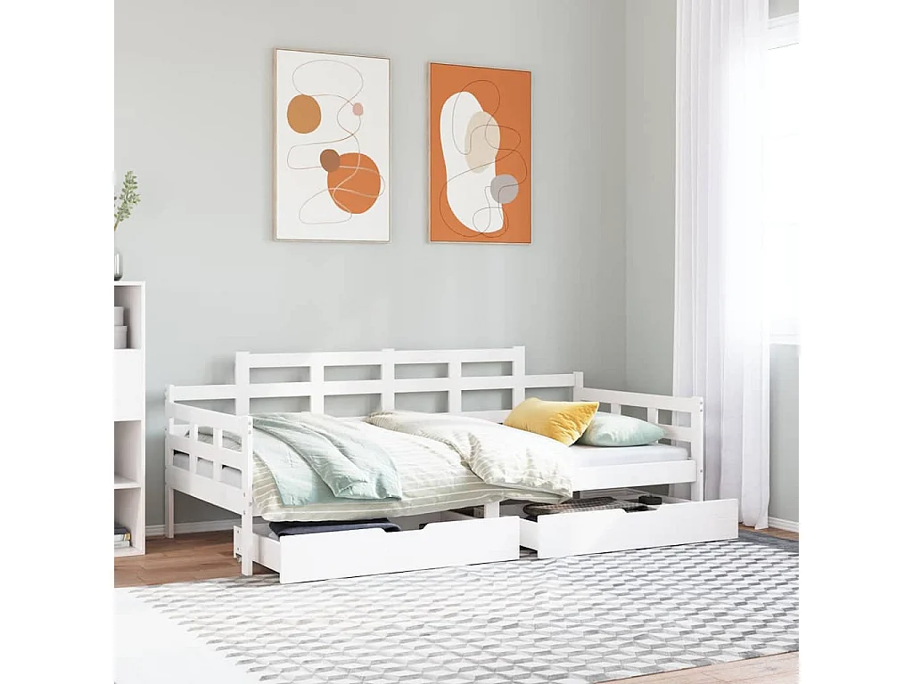 Dormeuse con Cassetti Bianco 90x200 cm Legno Massello di Pino
