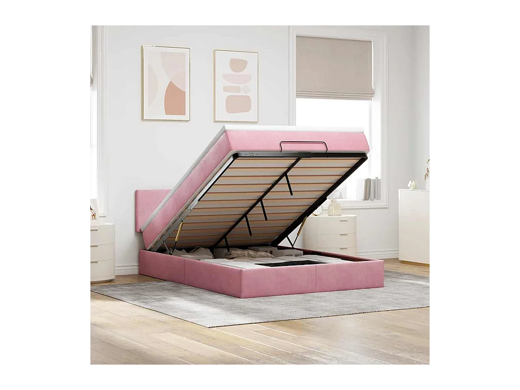 Cadre de lit ottoman avec matelas rose 140x200 cm velours
