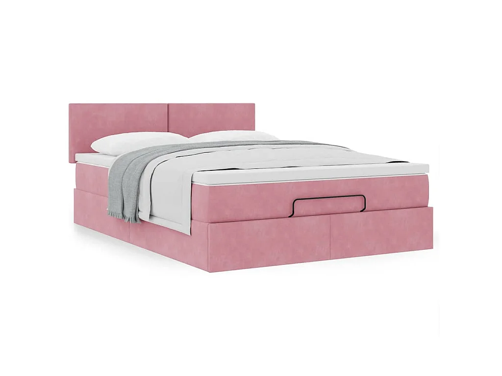 Cadre de lit ottoman avec matelas rose 140x200 cm velours