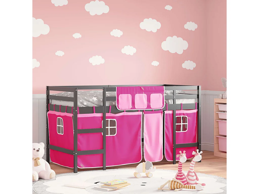 Cama alta p/ criança c/ cortinas 90x200 cm pinho maciço rosa