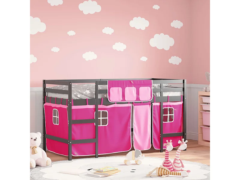 Cama alta p/ criança c/ cortinas 90x200 cm pinho maciço rosa