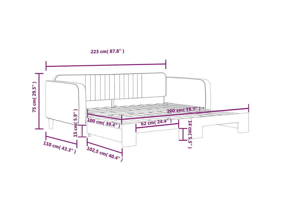Lit de jour avec gigogne sans matelas gris foncé 100x200 cm