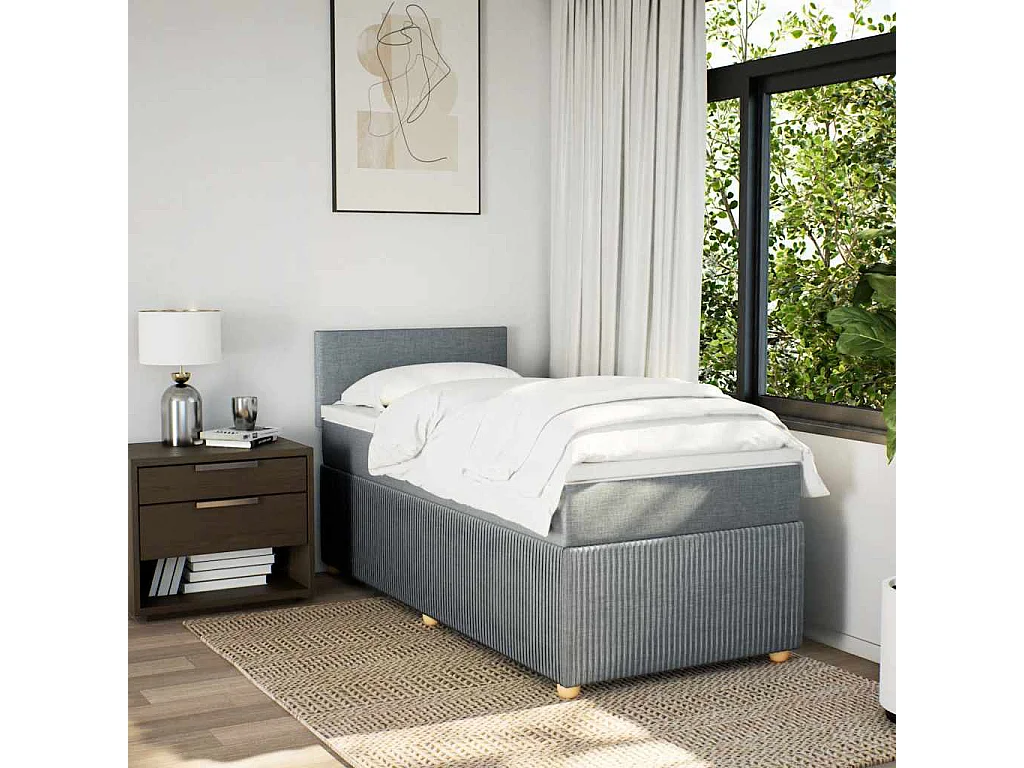 Cama box spring con colchón tela gris claro 100x200 cm