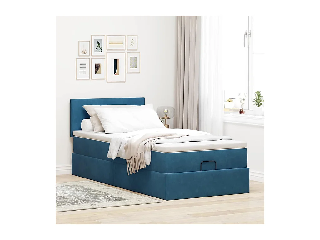 Ottoman-Bett mit Matratze & LEDs Dunkelblau 90x190 cm Samt