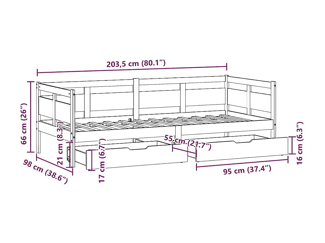 Lit de jour avec tiroirs sans matelas 90x200 cm bois massif