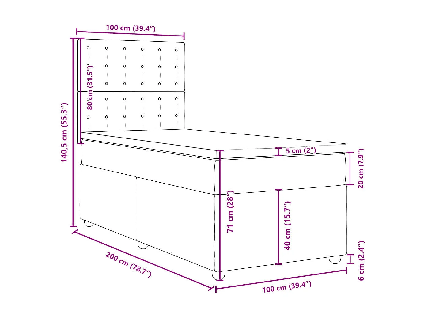 Cama box spring con colchón tela gris oscuro 100x200 cm